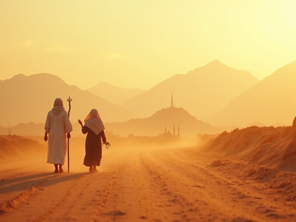 Guru Nanak and Mardana traveling together across the Punjab landscape