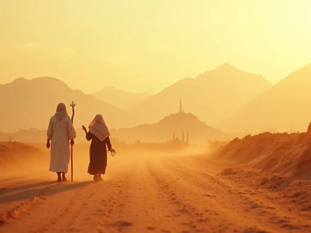 Guru Nanak and Mardana traveling together across the Punjab landscape