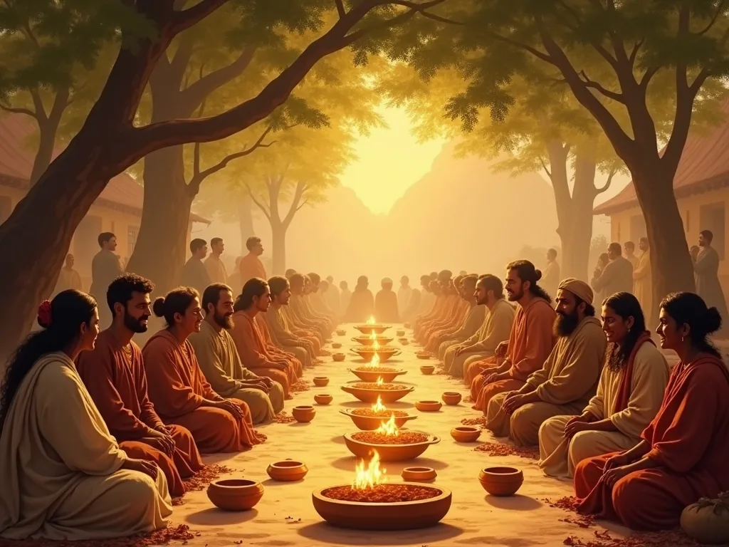 A communal langar meal in the early Sikh community at Kartarpur
