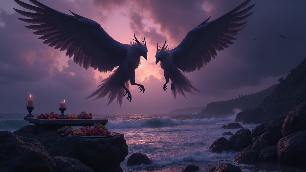 Two Harpies with pale faces and broad dark wings descending over a storm-battered Aegean coast at dusk