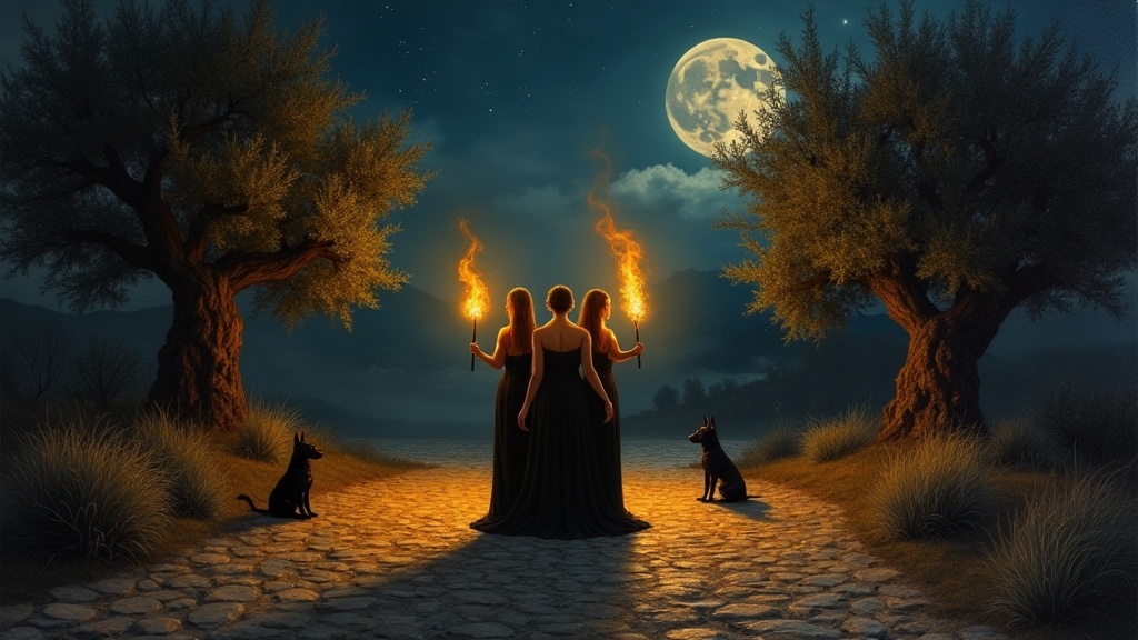 Hecate as triple goddess at a night crossroads, three figures with torches, black dogs watching