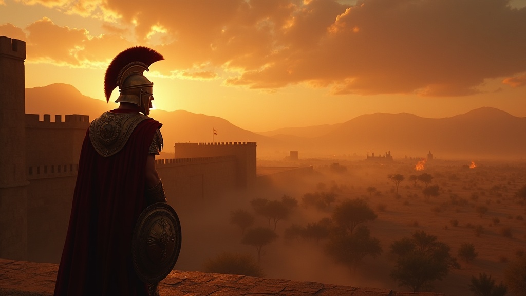 Hector prince of Troy standing before the walls of Troy at dusk in bronze armour