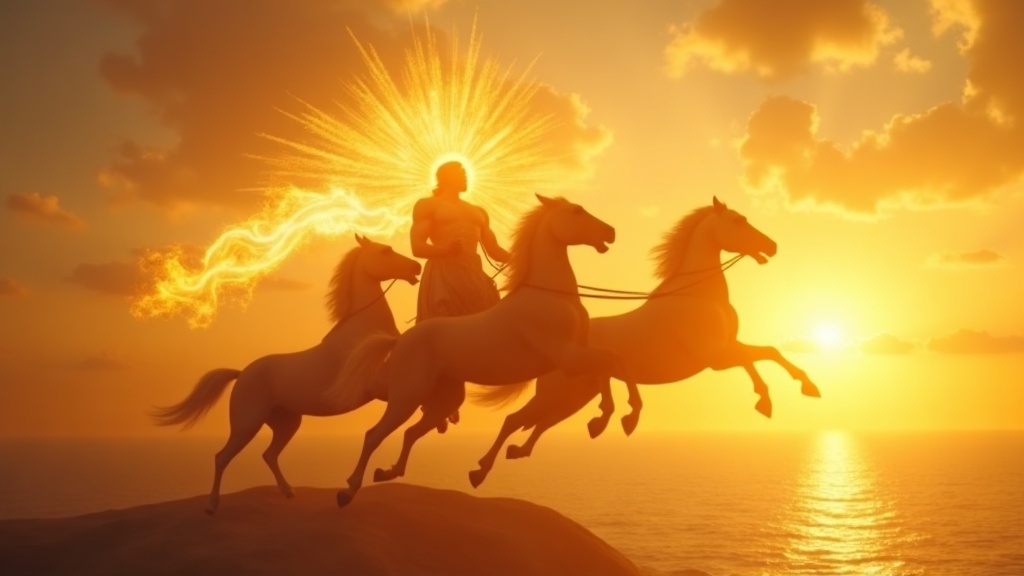 Helios the sun titan driving his golden chariot pulled by four fire-breathing horses across the Greek sky at dawn