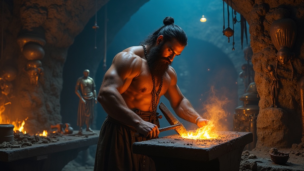 Hephaestus at his forge, hammering glowing bronze by firelight in his divine workshop