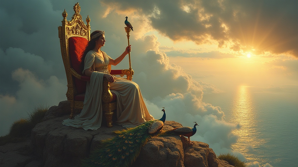 Hera queen of the gods seated on her golden throne on Olympus, peacocks at her feet and the Aegean below