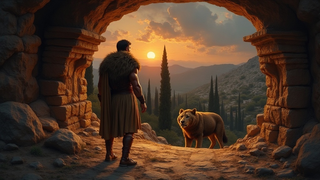 Heracles confronting Cerberus at the entrance to the Greek underworld, lion pelt draped over his shoulders