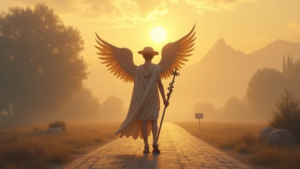 Hermes the messenger god at a crossroads at dawn, holding his caduceus staff