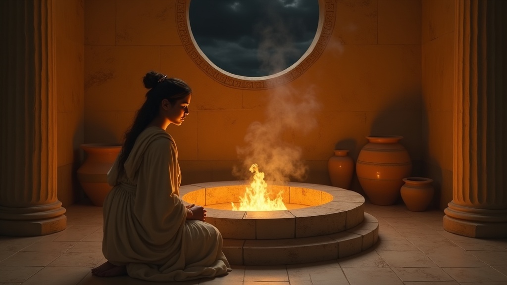 Ancient Greek woman tending the sacred hearth fire of Hestia in a marble domestic interior