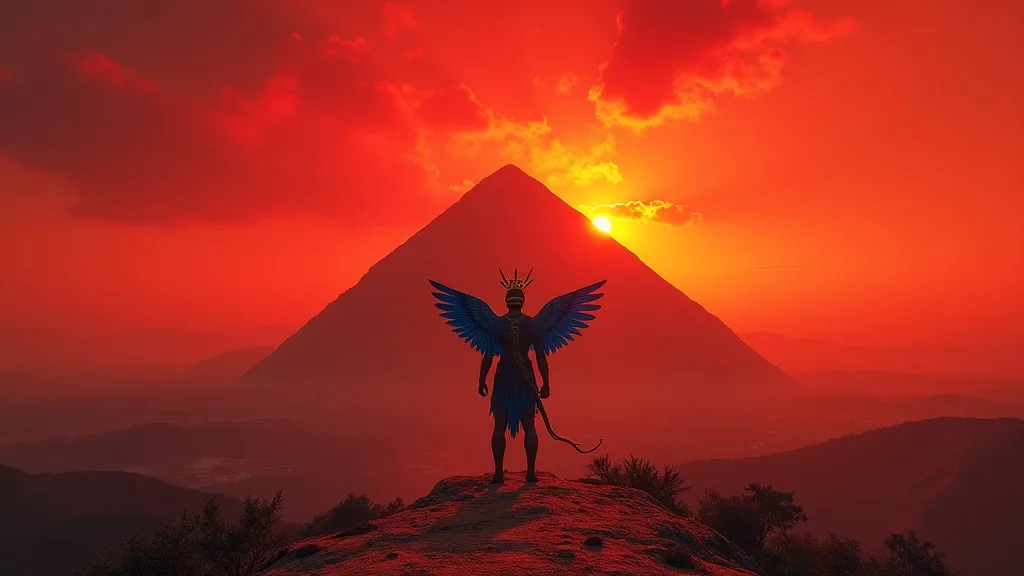 Huitzilopochtli, Aztec god of war and sun, standing atop the Templo Mayor at dawn in blue hummingbird armor