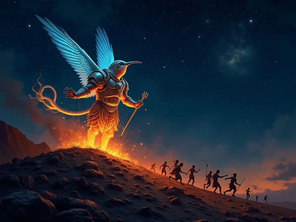 Huitzilopochtli born at Coatepec, wielding the fire serpent Xiuhcoatl against the Centzon Huitznahua