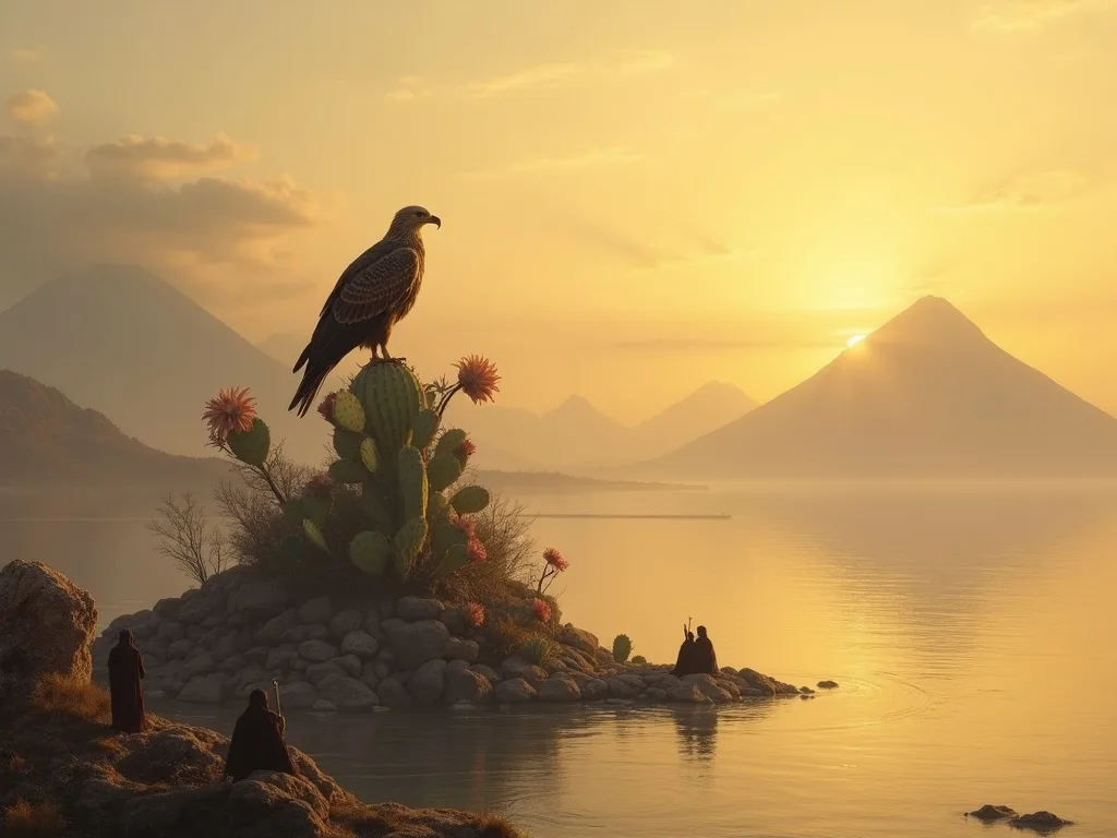 The Mexica founding omen: an eagle on a cactus at the site of Tenochtitlan on Lake Texcoco