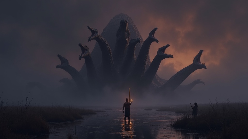 Heracles and Iolaus confronting the nine-headed Hydra of Lerna in a dark misty swamp at dusk