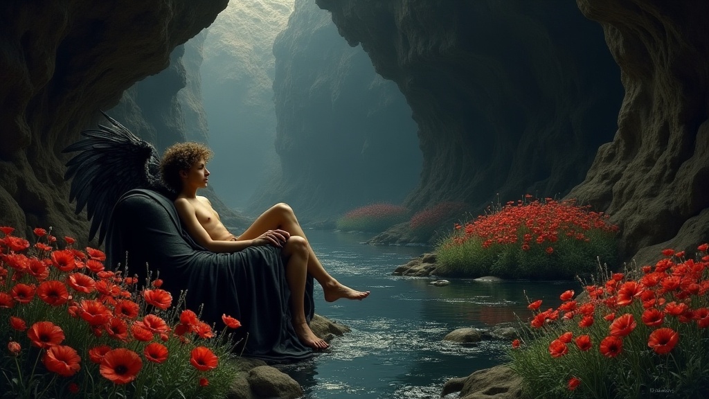 Hypnos, Greek god of sleep, resting on an ebony couch surrounded by poppies in his underground cave