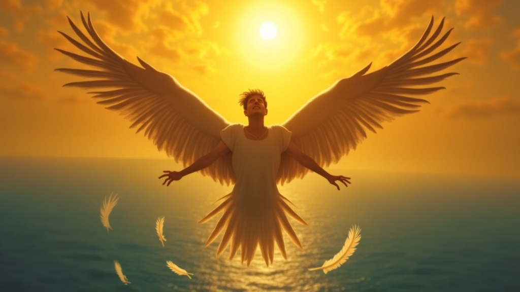 Icarus flying toward the sun with feathered wings as wax begins to melt