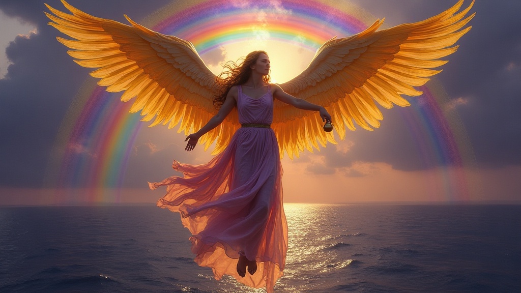 Iris the rainbow messenger goddess descending from a rainbow over the Aegean Sea