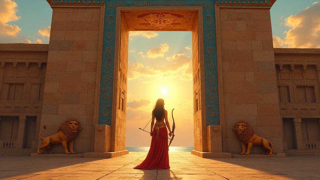 Ishtar standing before the lapis blue Ishtar Gate of Babylon, armored and flanked by lions, the star of Venus above.