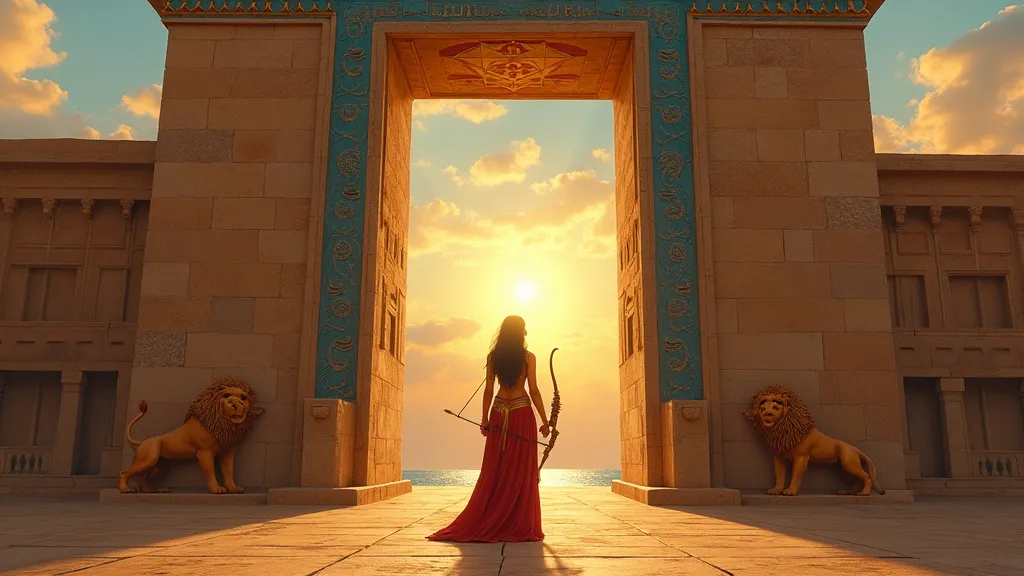 Ishtar standing before the lapis blue Ishtar Gate of Babylon, armored and flanked by lions, the star of Venus above.