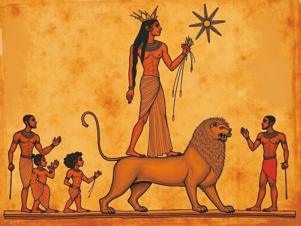 Ishtar standing on lions, holding the reed bundle of Uruk, from Sumerian cylinder seal iconography.