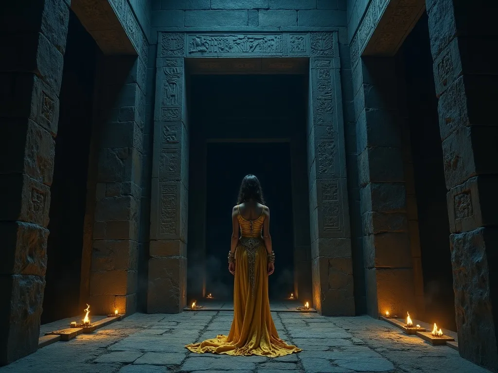 Ishtar descending through the seven gates of the underworld, losing her divine garments at each threshold.