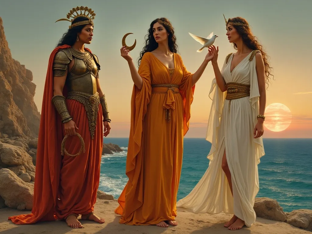 Ishtar, Astarte, and Aphrodite shown as three iterations of the same divine lineage across Mesopotamian, Phoenician, and Greek traditions.