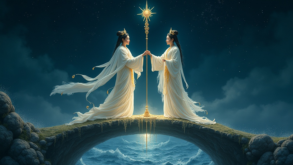 Izanagi and Izanami standing on the Floating Bridge of Heaven above the primordial sea