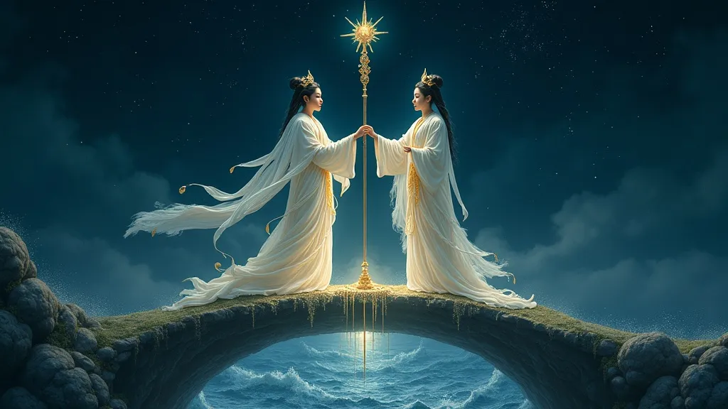 Izanagi and Izanami standing on the Floating Bridge of Heaven above the primordial sea