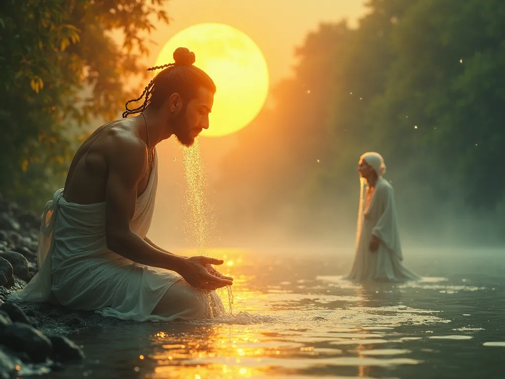 Izanagi purifying himself in the river after escaping Yomi, giving birth to Amaterasu and Tsukuyomi