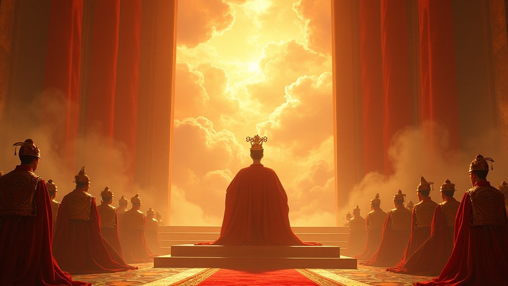The Jade Emperor seated on his celestial throne surrounded by immortals and heavenly generals