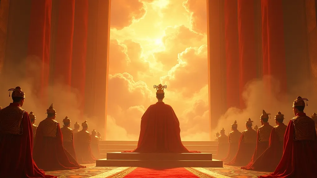 The Jade Emperor seated on his celestial throne surrounded by immortals and heavenly generals