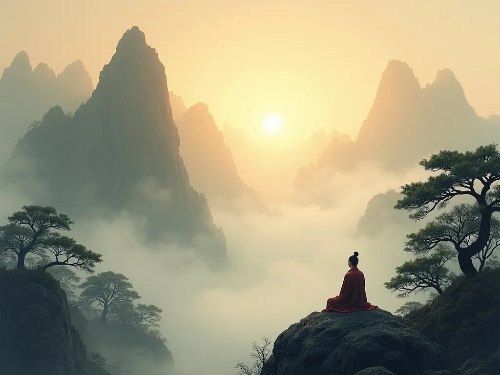 A solitary cultivator meditating on a mountain peak under celestial light