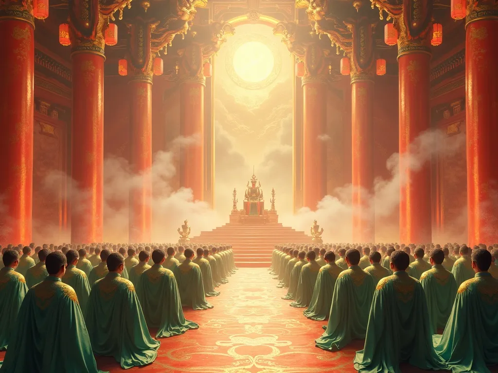 The Jade Emperor's celestial court with ranked divine officials kneeling in rows
