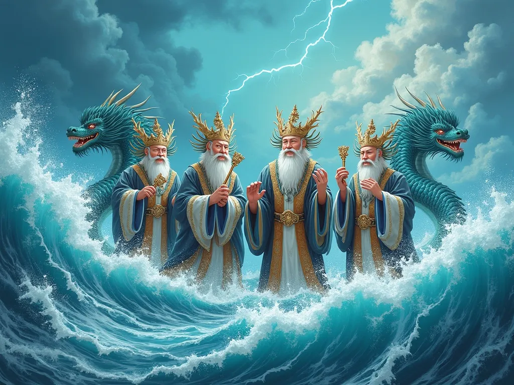 The Four Dragon Kings of the seas standing in imperial robes amid ocean waves