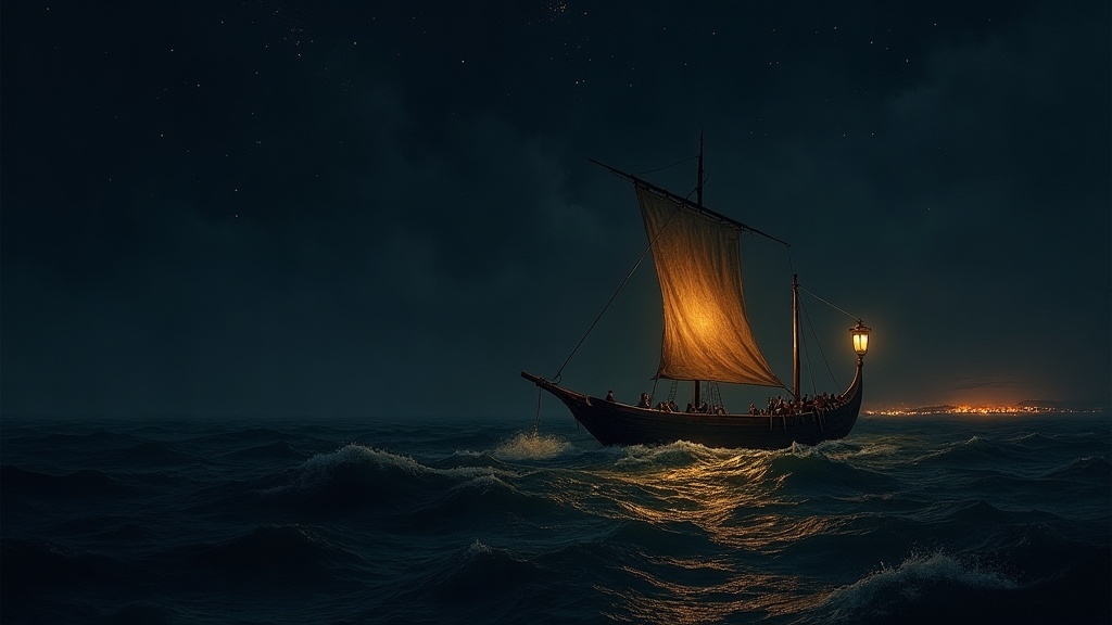 The Argo sailing at night toward Colchis with the Golden Fleece glowing at the prow
