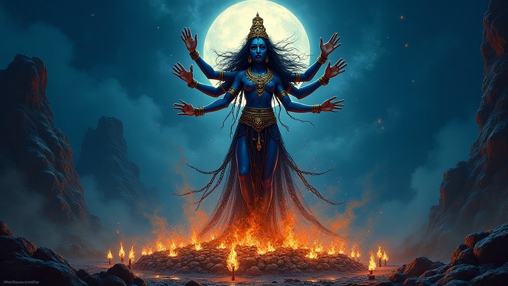 Kali standing on Shiva in a cremation ground at night, surrounded by sacred fire and lotus blossoms
