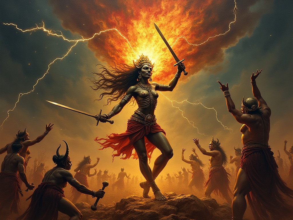 Kali emerging from Durga's forehead during the battle against the demon Raktabija