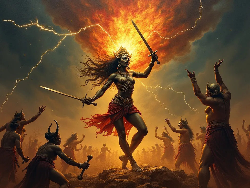 Kali emerging from Durga's forehead during the battle against the demon Raktabija
