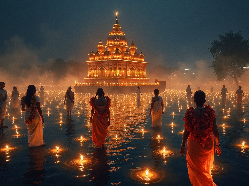 Kali Puja night at the Kalighat temple with oil lamps floating on the Hooghly River