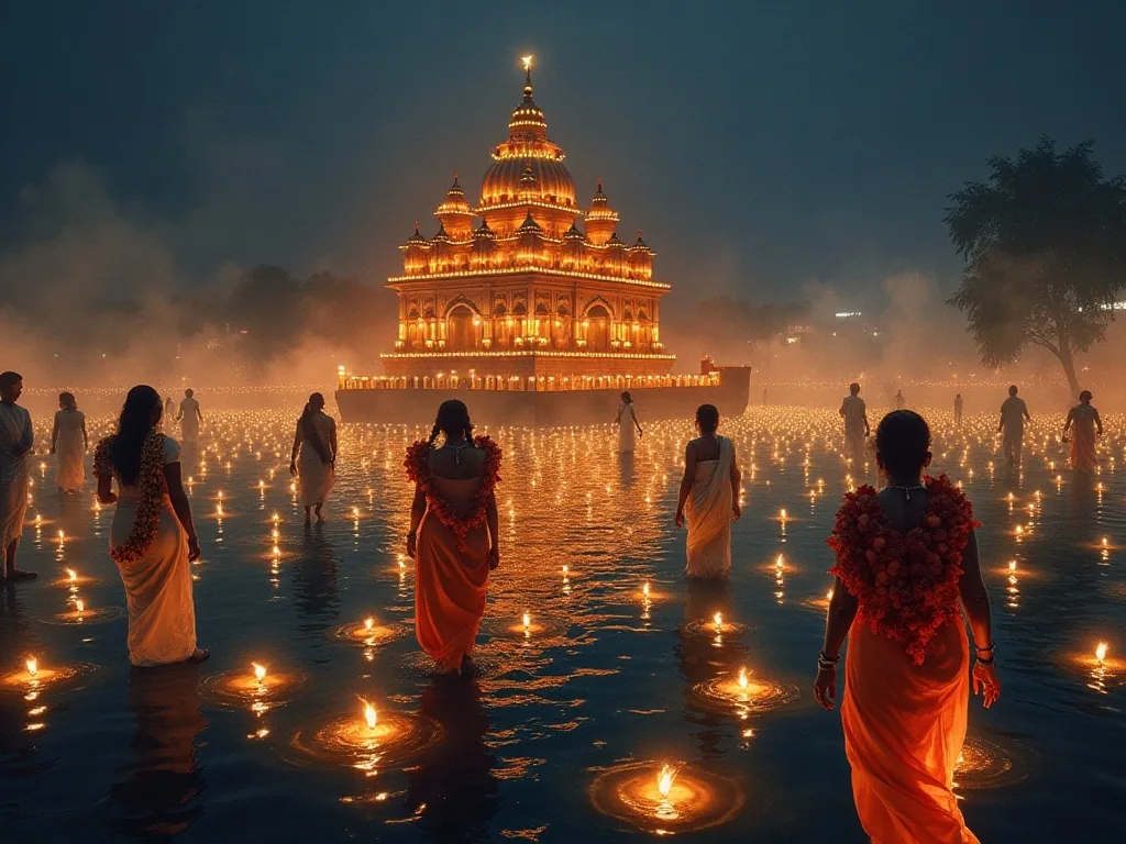 Kali Puja night at the Kalighat temple with oil lamps floating on the Hooghly River