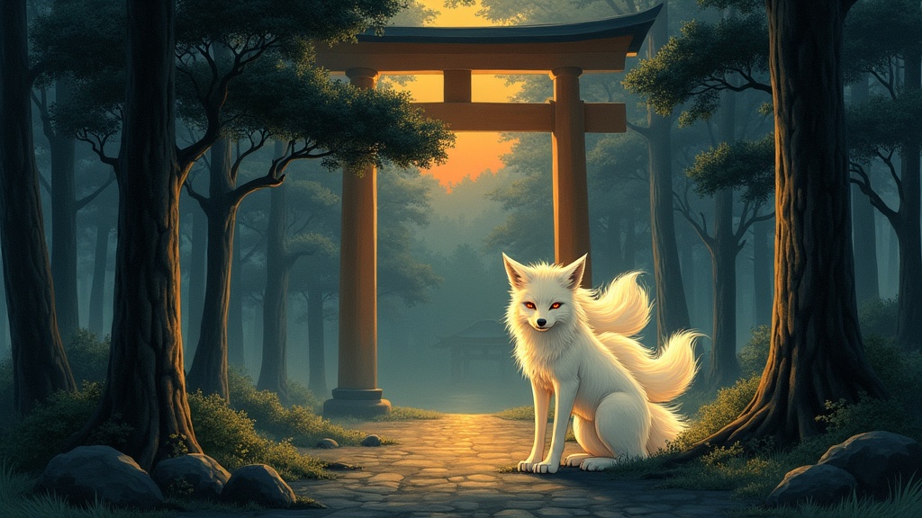 Nine-tailed white kitsune fox spirit at the edge of a Japanese forest near a red torii gate at dusk