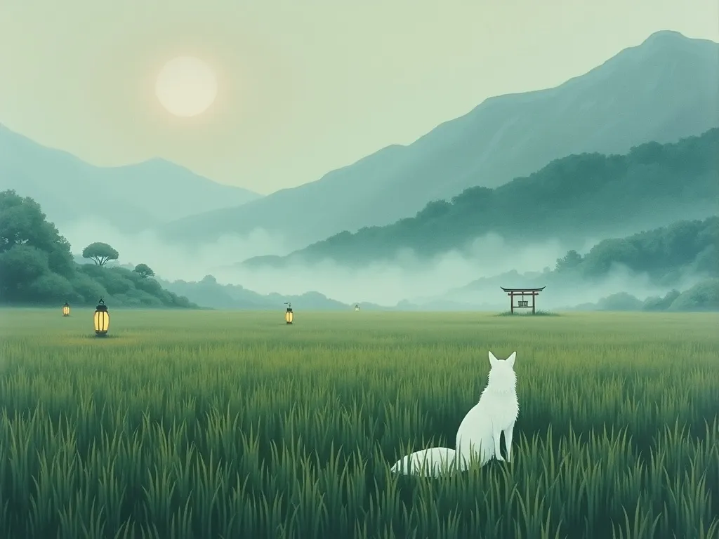 White fox watching over a misty Japanese rice field at dawn