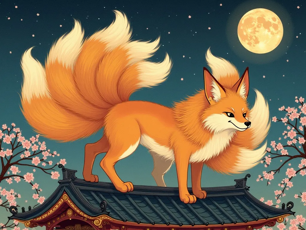Nine-tailed golden kitsune on a Heian palace rooftop beneath a full moon