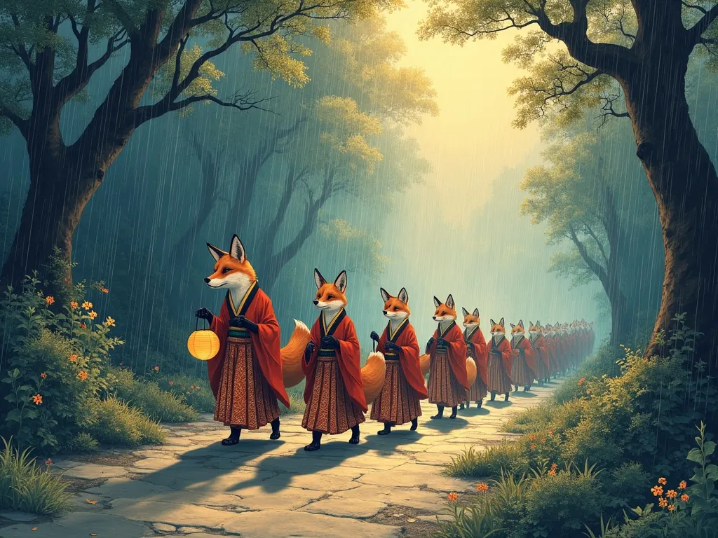 Fox wedding procession carrying lanterns through a sunshower in Heian court dress