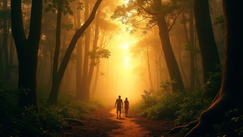 Indigenous pilgrims walking through a glowing rainforest toward a luminous horizon