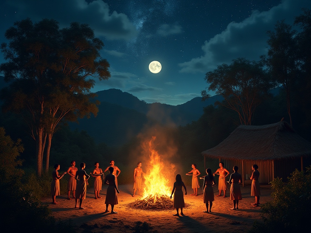 Guarani community performing sacred ritual dance around a communal fire at night