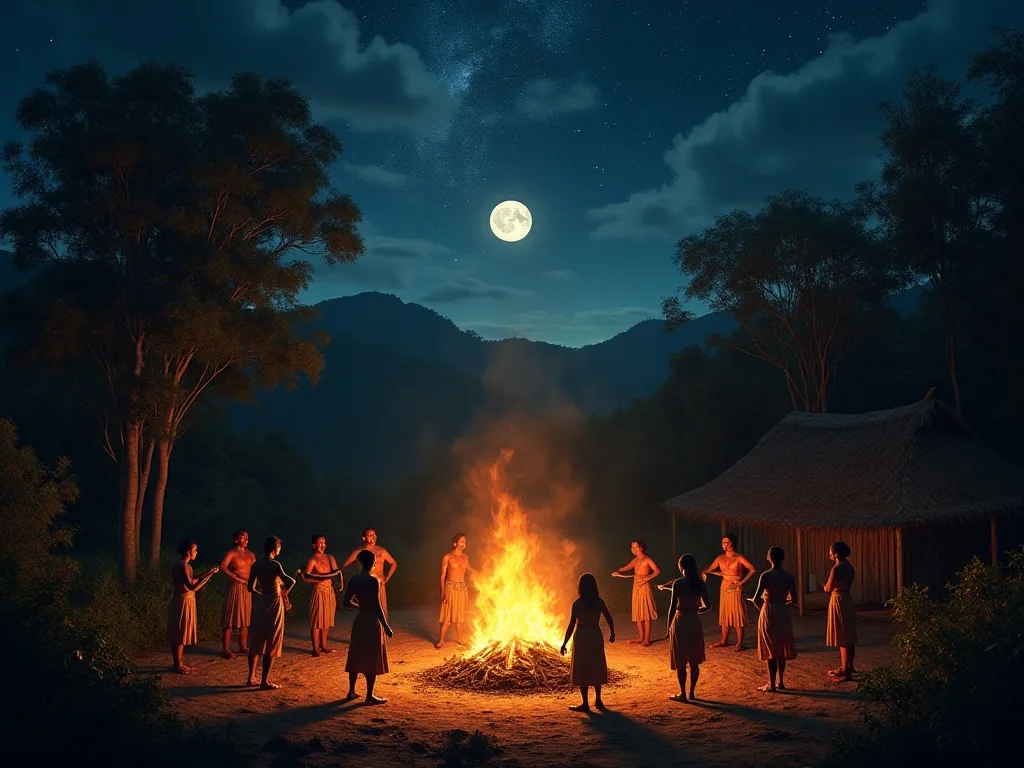 Guarani community performing sacred ritual dance around a communal fire at night