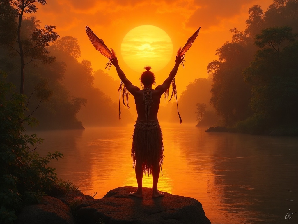A Guarani karai prophet raising his arms toward a sunrise over a wide jungle river