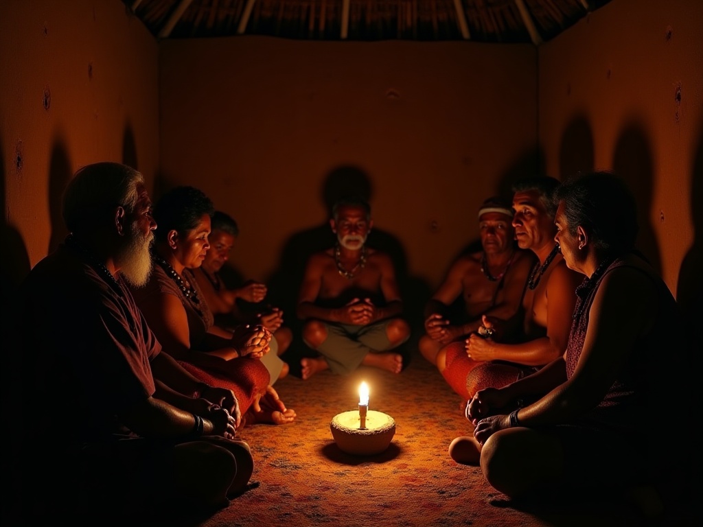 Mbya Guarani elders in a traditional Opy sacred house holding ceremonial rattles