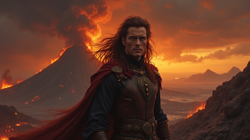 Loki the Norse trickster god standing at a volcanic landscape at dusk, flames reflected in his eyes