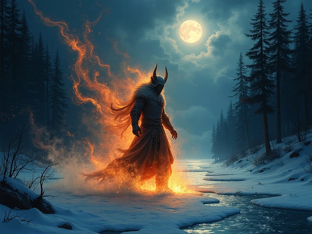Norse shapeshifter transforming in a dark fjord landscape at night