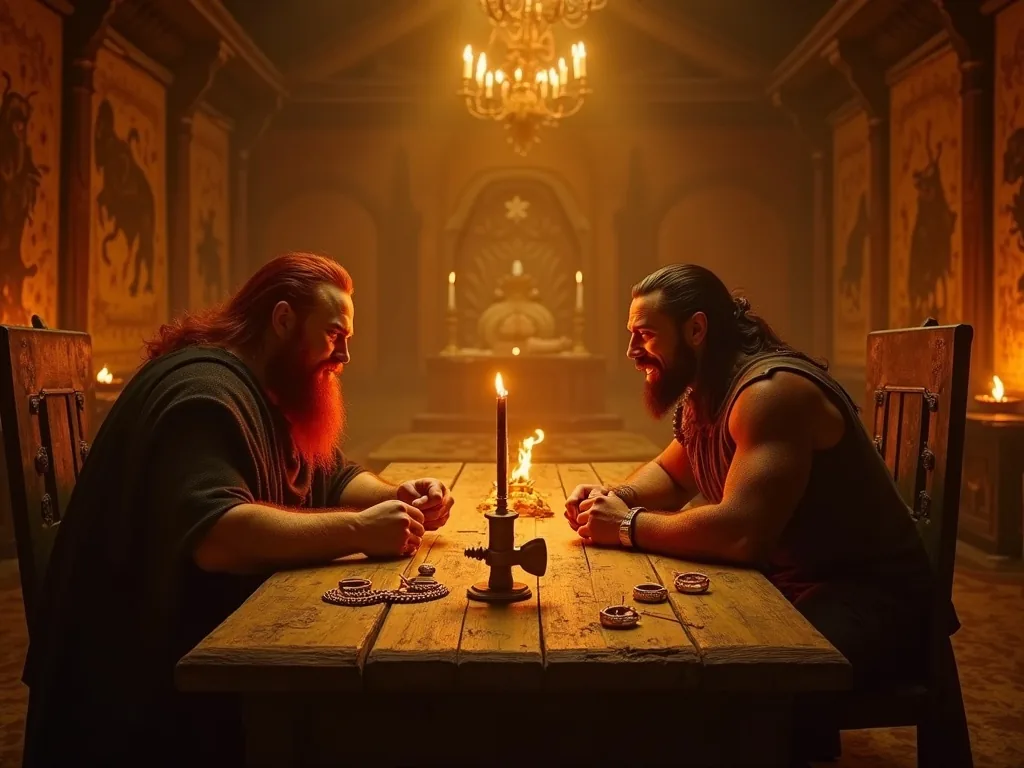 Thor and Loki seated together in a Norse mead hall surrounded by legendary artifacts